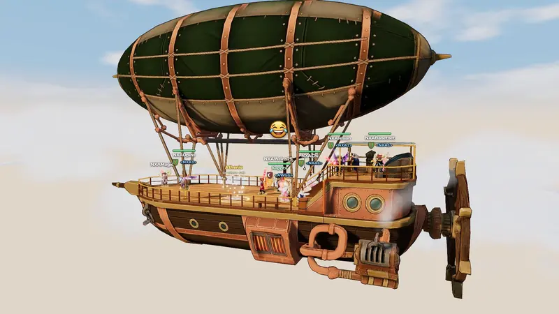 The airship in full sail above the clouds, heroes lining its deck