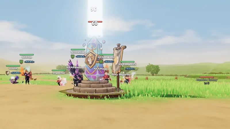 Guild members round a guild beacon crystal on the plains