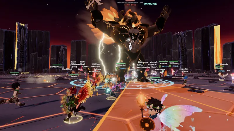 Moltharax, the Infernal Lord, towers over a crowd of heroes