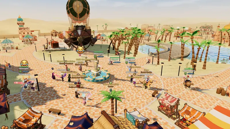 The desert town of Amar Oasis from above: market tents, palm trees, the oasis lake and the airship