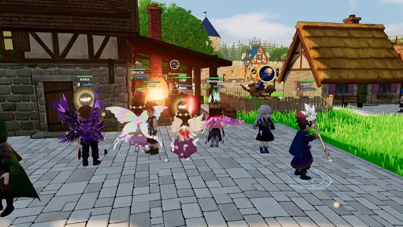 Guild heroes in wings gather at Brannoc's forge, Lyra the Star Mage beside them